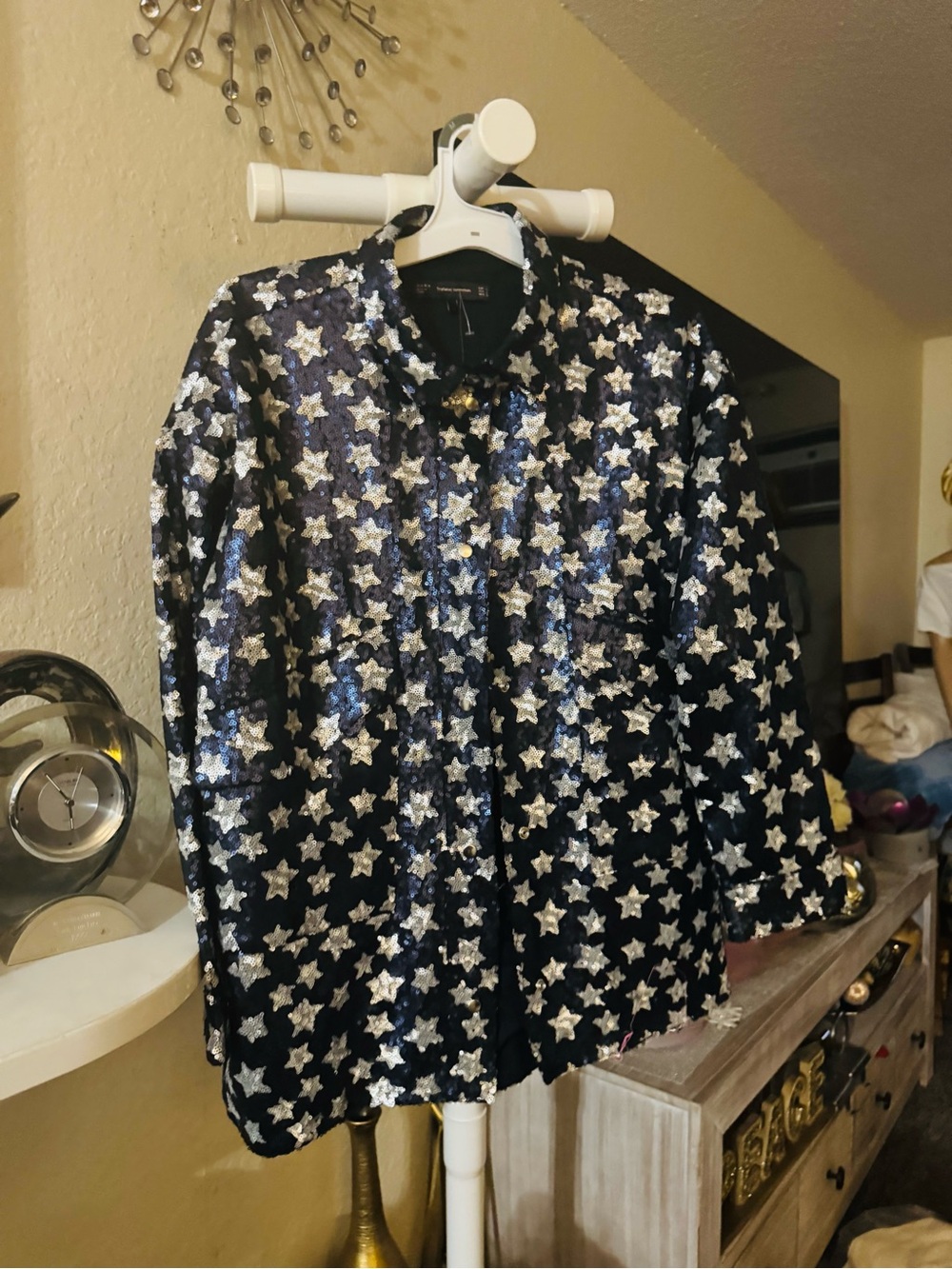 Zara Men's Black Shirt Jacket with Silver Sequin Stars